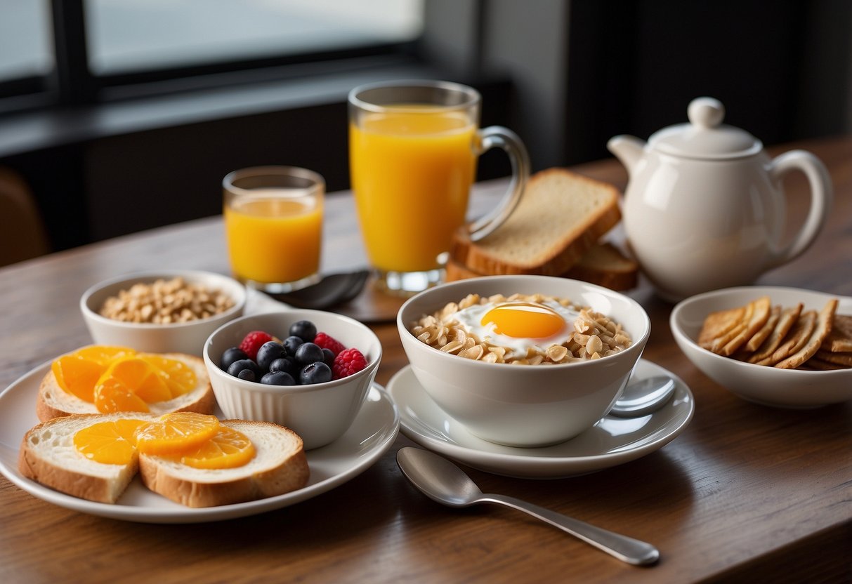 A table set with a variety of breakfast foods: oatmeal, fruit, yogurt, eggs, and toast. A glass of orange juice and a mug of coffee sit beside the plate