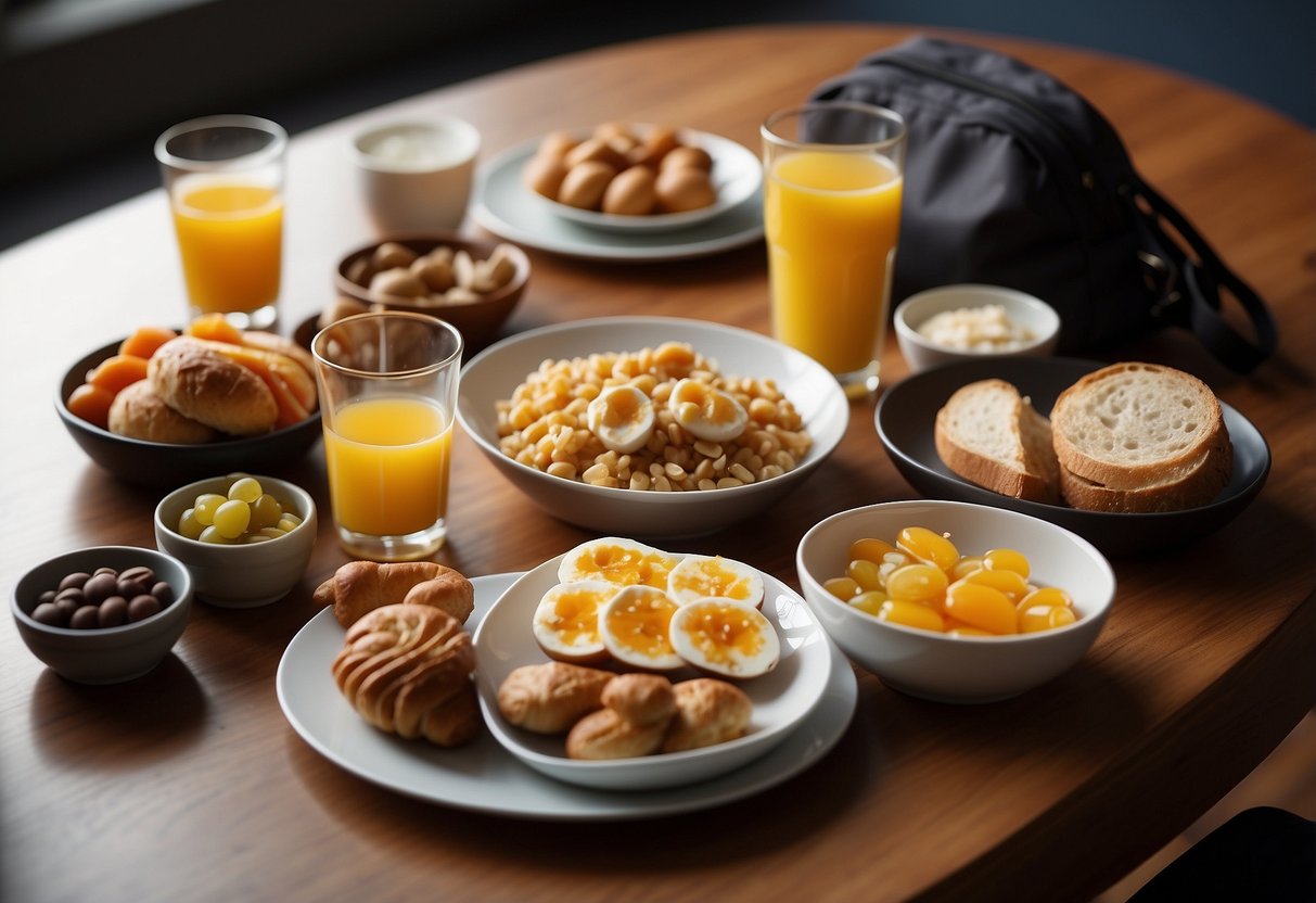 A table set with a variety of breakfast foods in portioned sizes, a clock showing the time, and a backpack or suitcase nearby