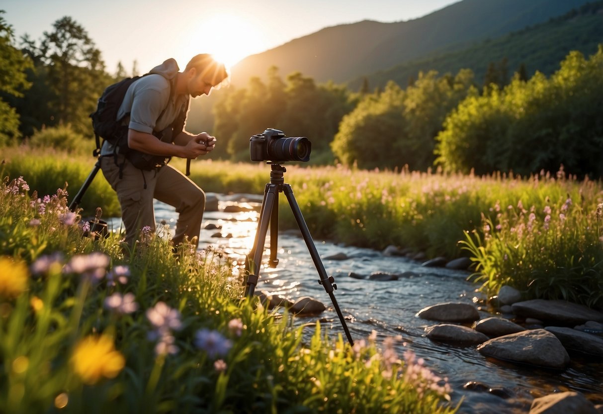 A photographer sets up a tripod next to a clear, flowing stream. A water bottle sits nearby, surrounded by lush greenery and colorful wildflowers. The sun shines down, casting a warm glow on the scene