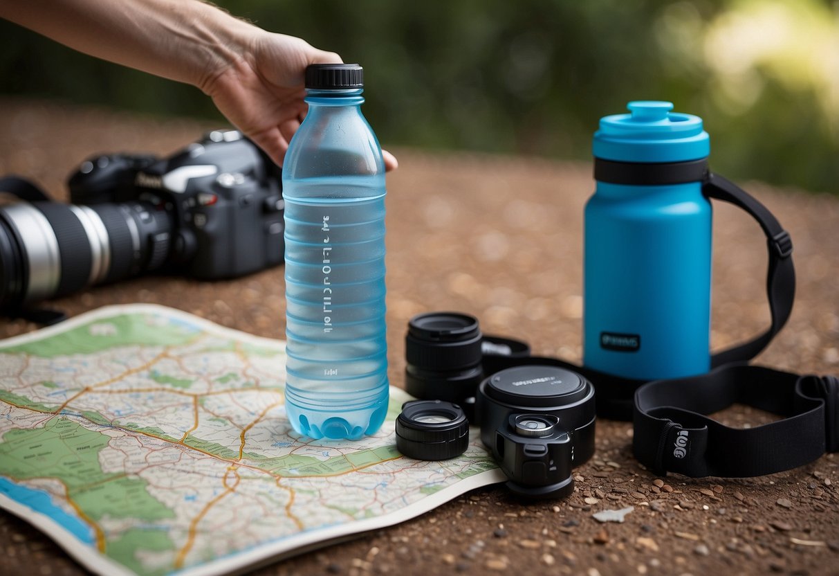 A hand reaches for a reusable water bottle among camera gear and a map, emphasizing the importance of staying hydrated during photography trips