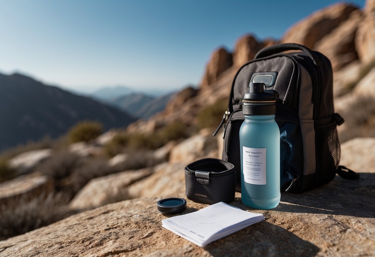 A camera bag with a water bottle, sunscreen, and a reminder note on a rocky landscape