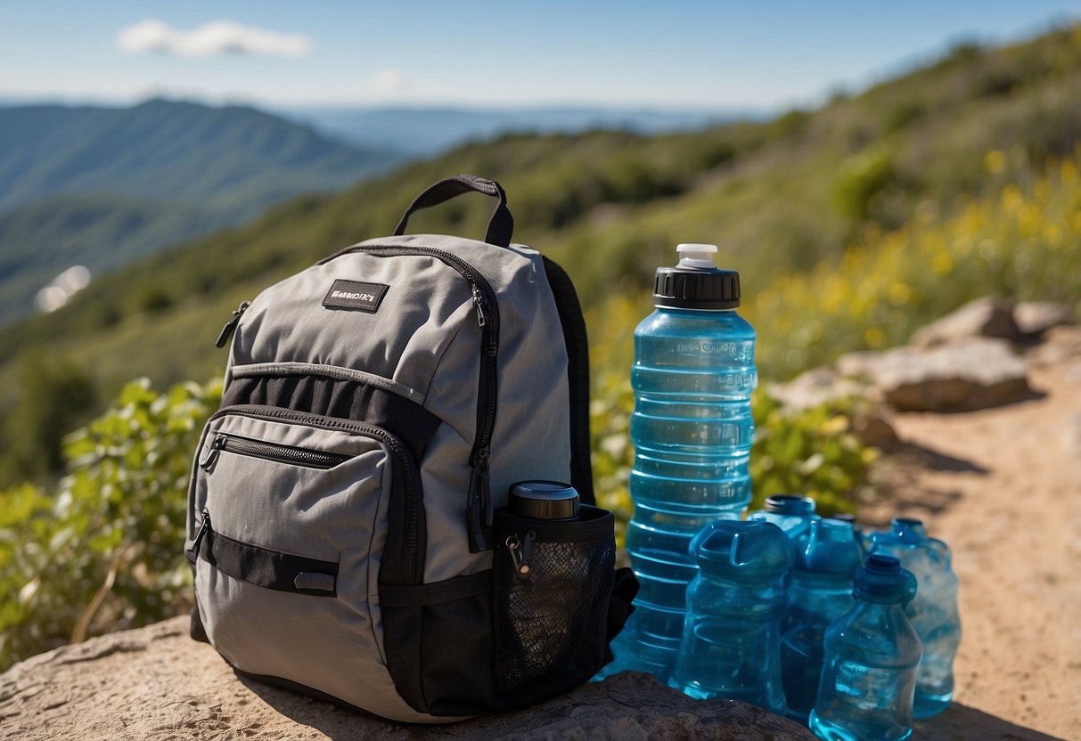 A camera bag filled with water bottles, fruits, and vegetables. A hiking trail with a scenic view in the background. Sunshine and blue skies