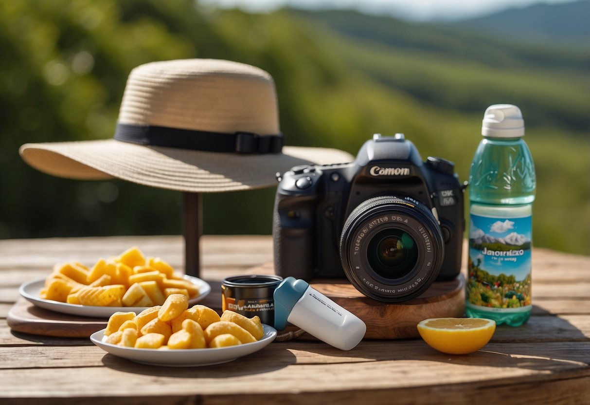 Camera, water bottle, and snacks on a table. Sunscreen and hat nearby. Natural landscape in the background