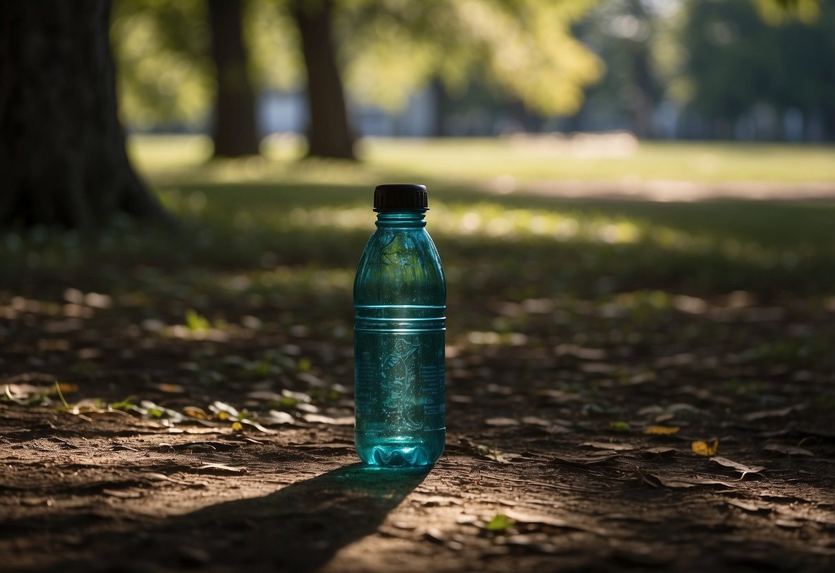 A photographer stands in the shade, with a water bottle nearby. Sunlight filters through the trees, creating dappled patterns on the ground