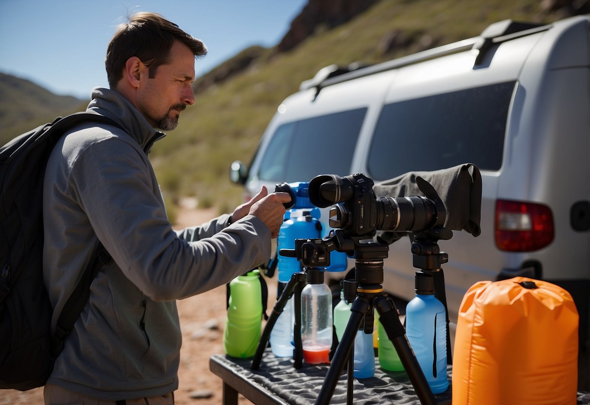 A photographer sets up a hydration station with water bottles, electrolyte drinks, and a hydration pack. A camera bag and tripod are nearby. The photographer checks the weather forecast and plans for proper hydration during the photography trip