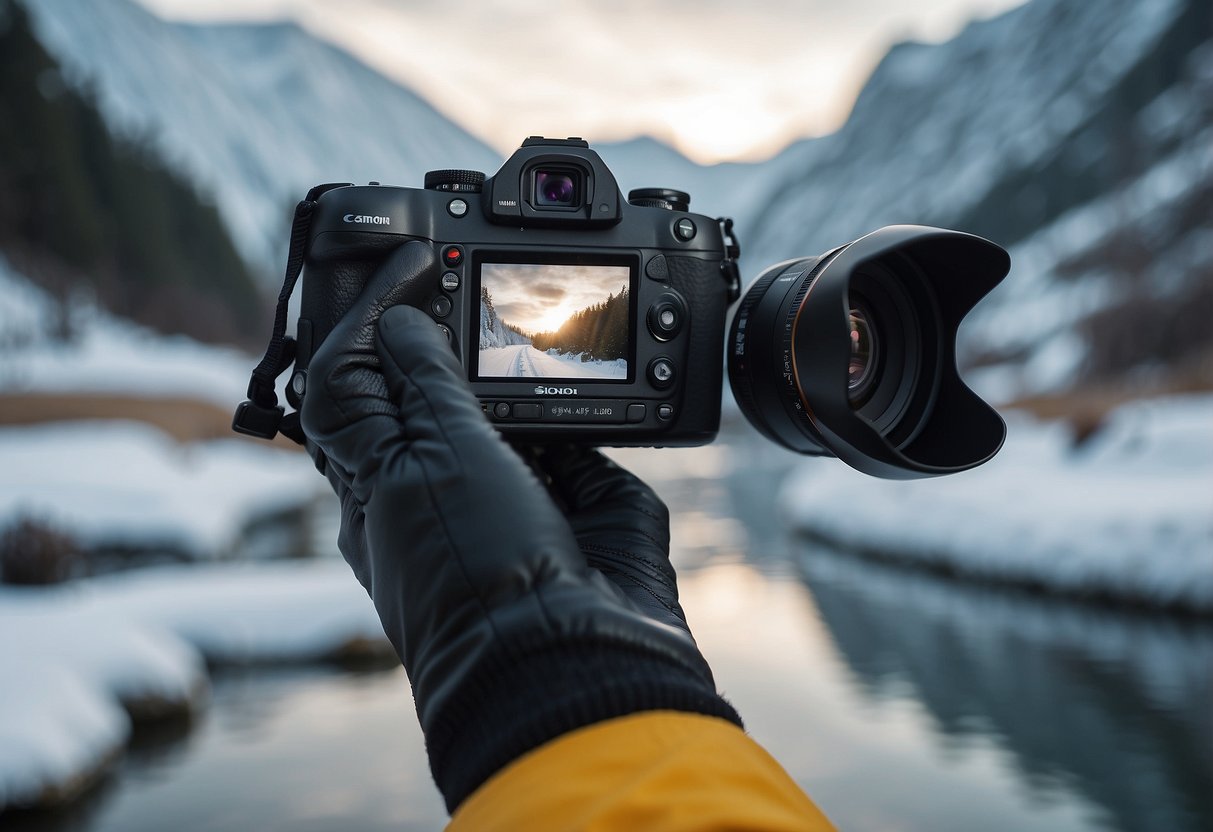 A hand wearing a protective photography glove holding a camera in a snowy landscape