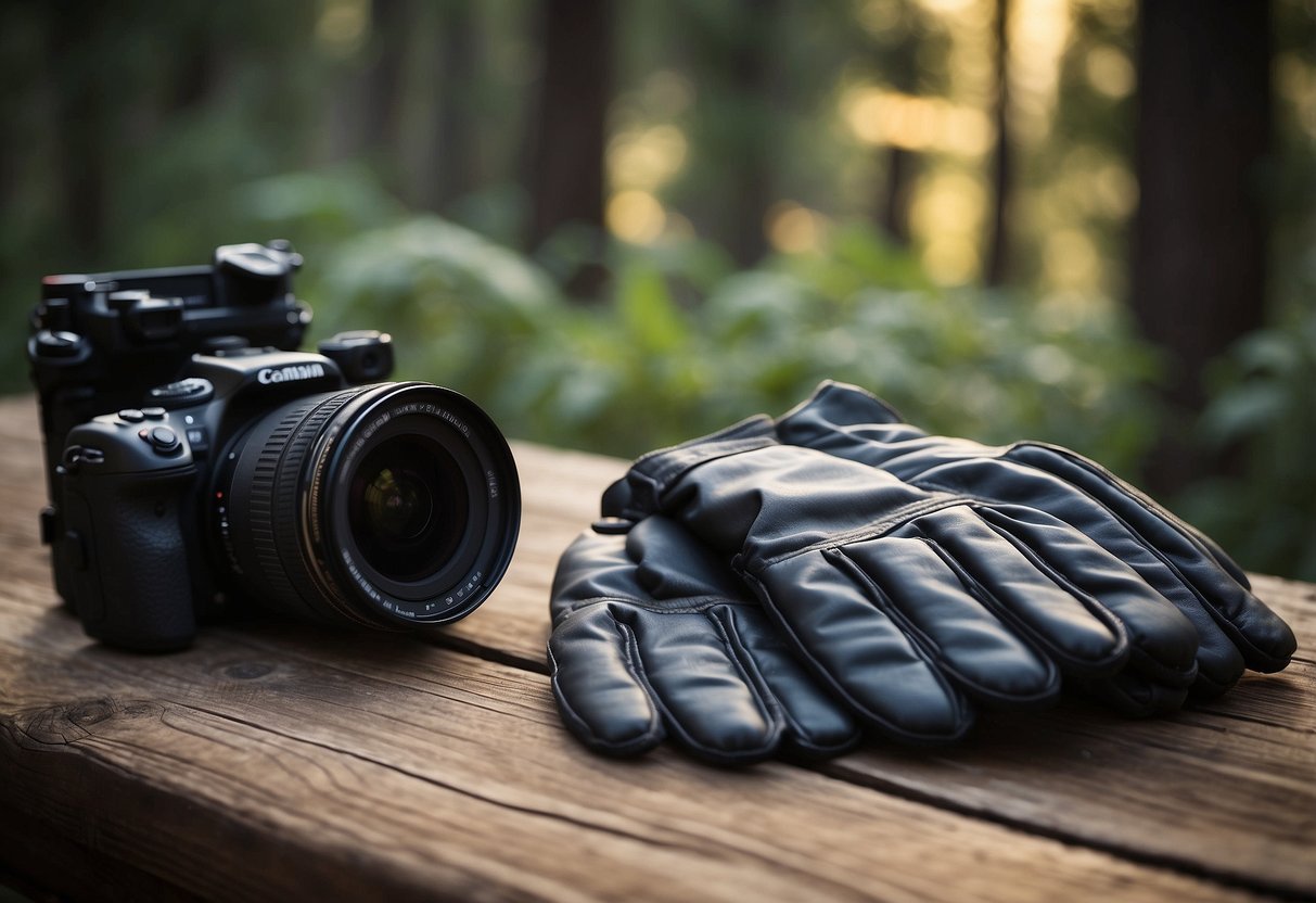 A pair of Freehands Stretch Thinsulate photography gloves lays on a rustic wooden table, surrounded by camera equipment and outdoor gear