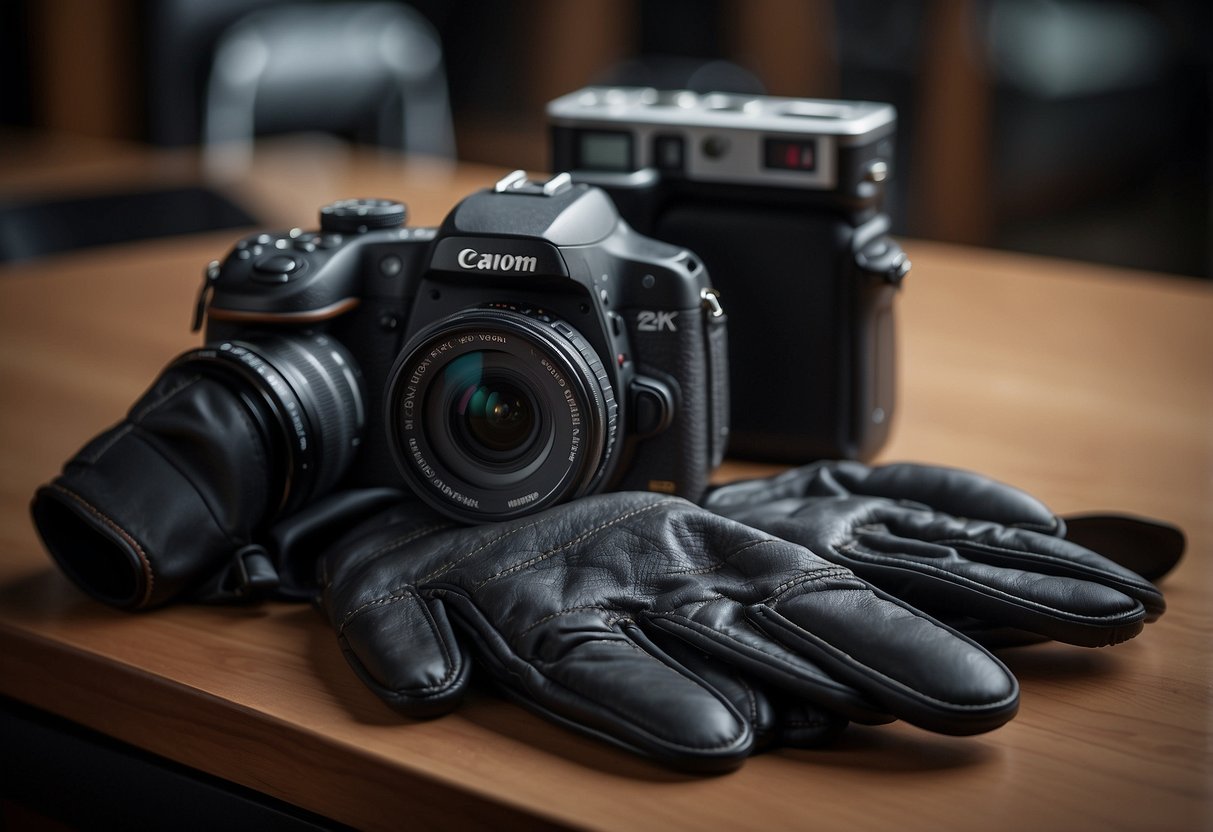 A pair of photography gloves laid out on a table with a camera and lens nearby, showcasing their protective features