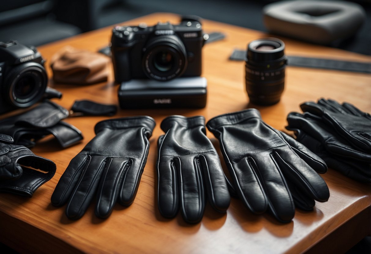 A table displaying 5 pairs of photography gloves, with various materials such as leather and neoprene, arranged neatly for protection