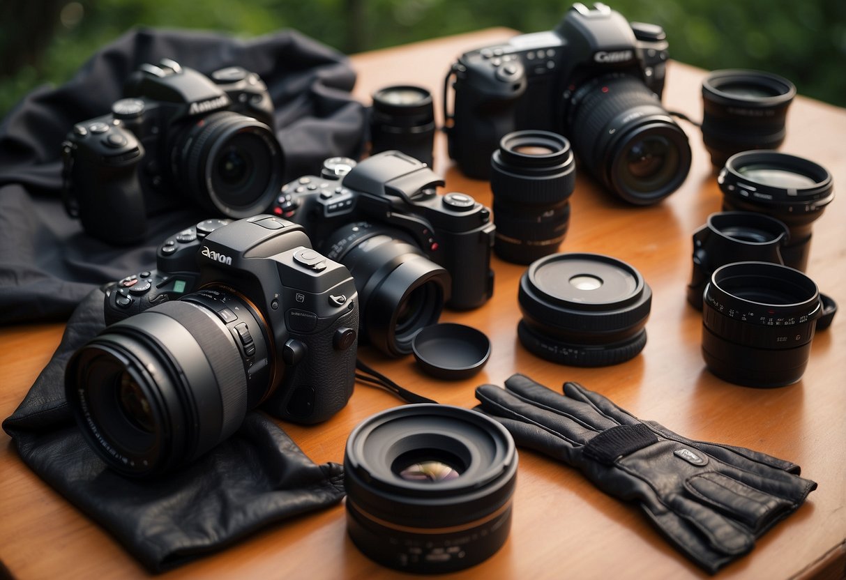 A table with various types of photography gloves laid out, surrounded by camera equipment and outdoor scenery