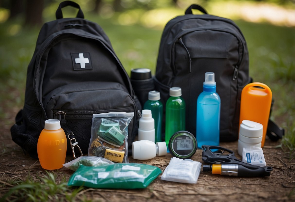 A backpack open on the ground, displaying a first aid kit, water bottle, emergency whistle, compass, flashlight, sunscreen, insect repellent, bandages, antiseptic wipes, and a multi-tool