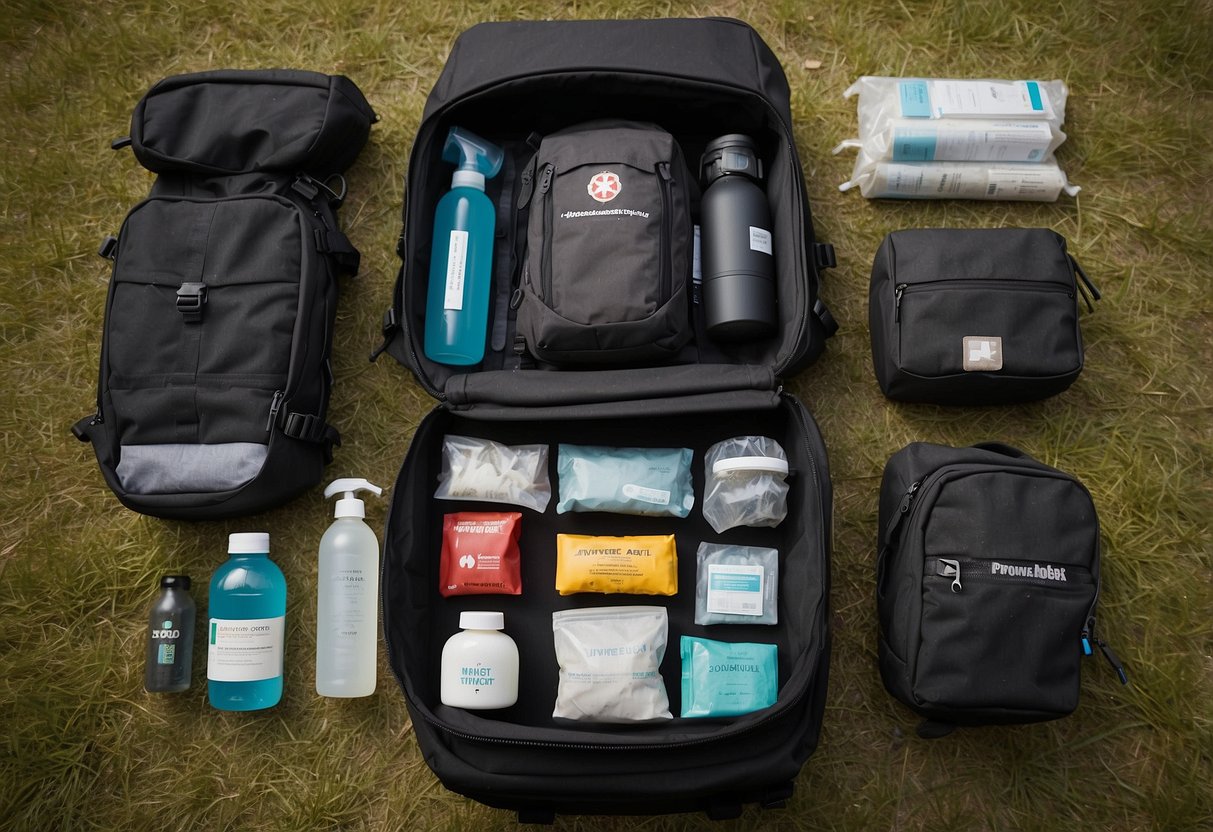 A rugged backpack sits open, revealing neatly organized first aid supplies nestled among nature photography gear. The kit's label prominently displays "Adventure Medical Kits Ultralight/Watertight .7" in bold lettering