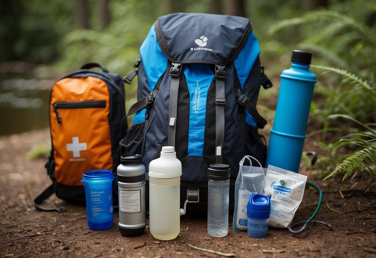 A Lifestraw water filter alongside essential first aid items on a nature photographer's backpack