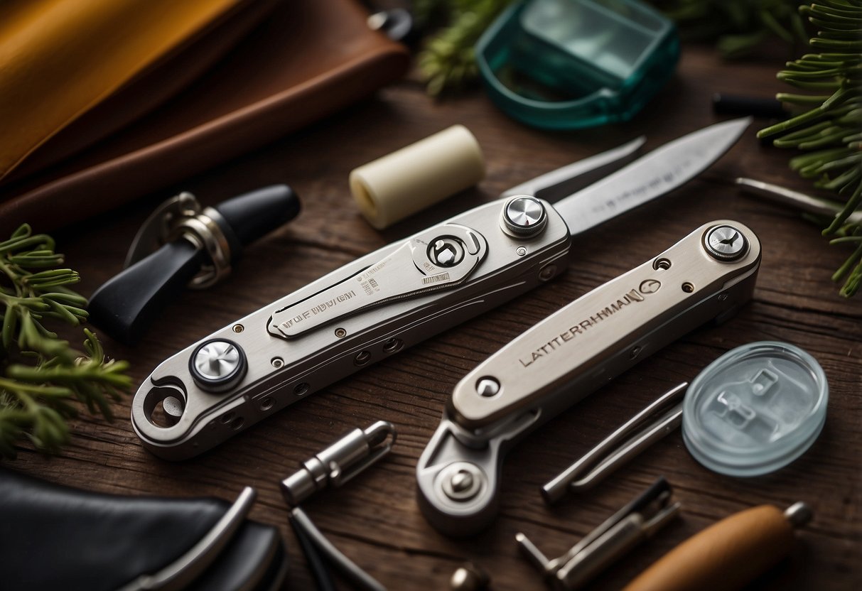 A Leatherman Wave+ multi-tool surrounded by 10 essential first aid items for nature photographers