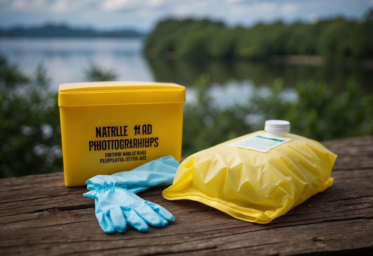 A pair of nitrile exam gloves lay next to essential first aid items for nature photographers