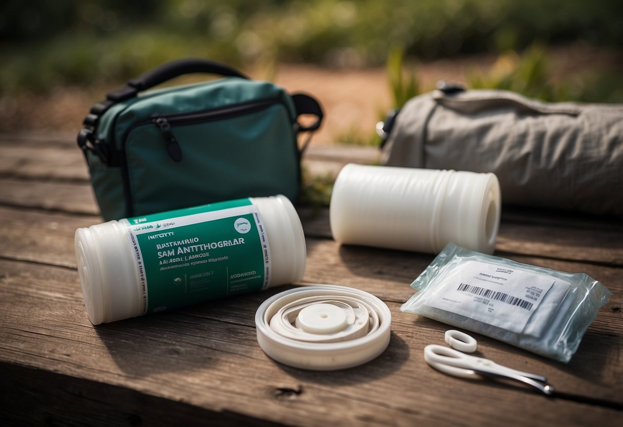 A SAM splint roll lies next to 10 essential first aid items for nature photographers. The items include bandages, antiseptic wipes, and scissors