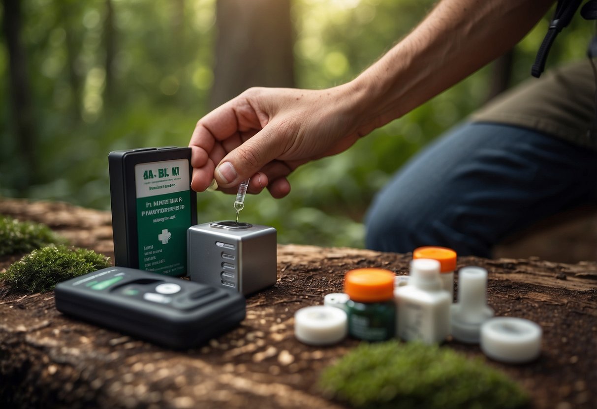 A nature photographer's hand reaches for a TickKey Tick Remover among 10 essential first aid items, set against a backdrop of outdoor scenery