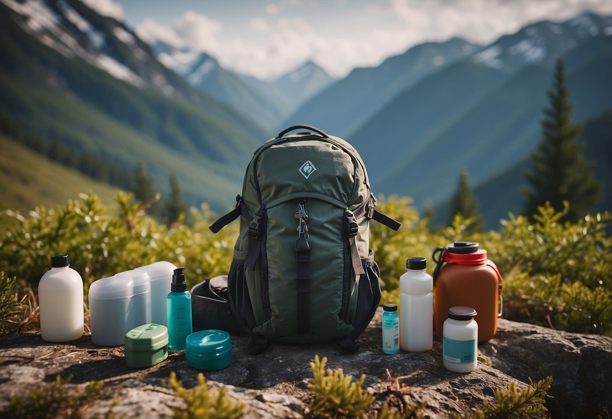 A rugged, outdoor scene with a backpack open to reveal a Trauma Pak and its 10 essential first aid items for nature photographers. The backdrop could include mountains, forests, or other natural elements