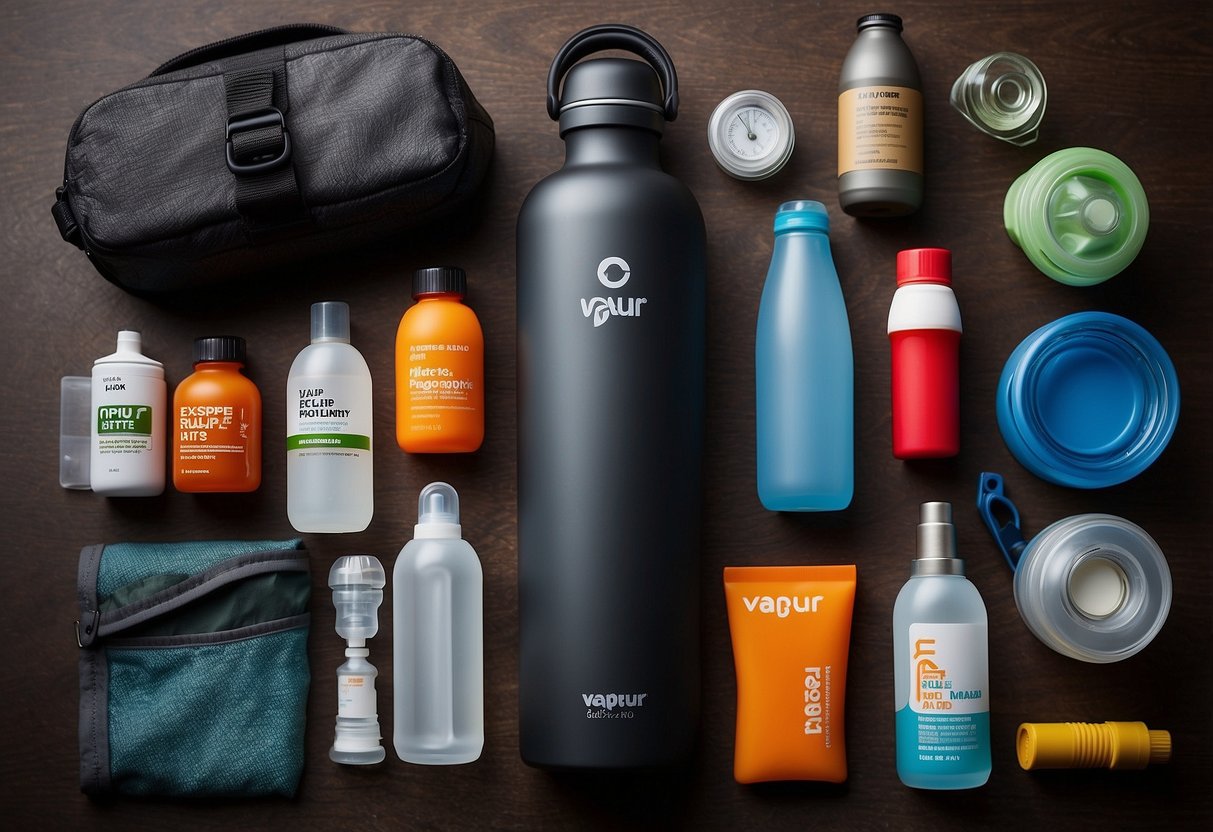 A Vapur Eclipse water bottle surrounded by 10 essential first aid items for nature photographers