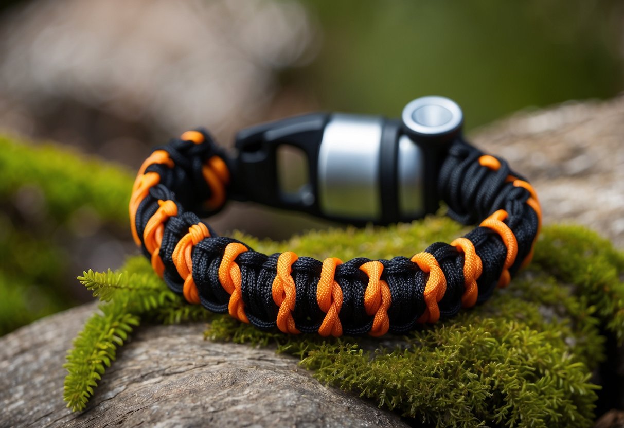 A paracord bracelet with first aid items laid out in a nature setting