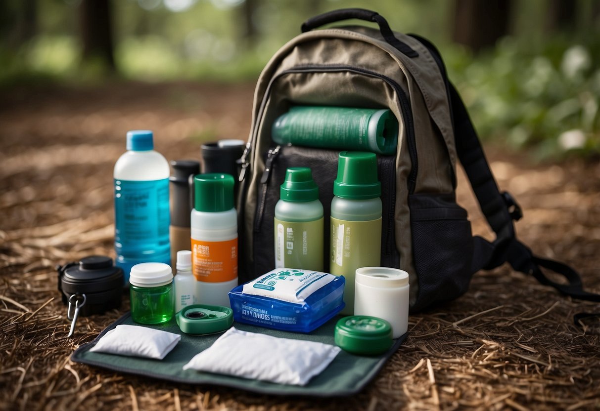 A nature photographer's backpack open on the ground, revealing essential first aid items such as bandages, antiseptic wipes, and a compact first aid kit