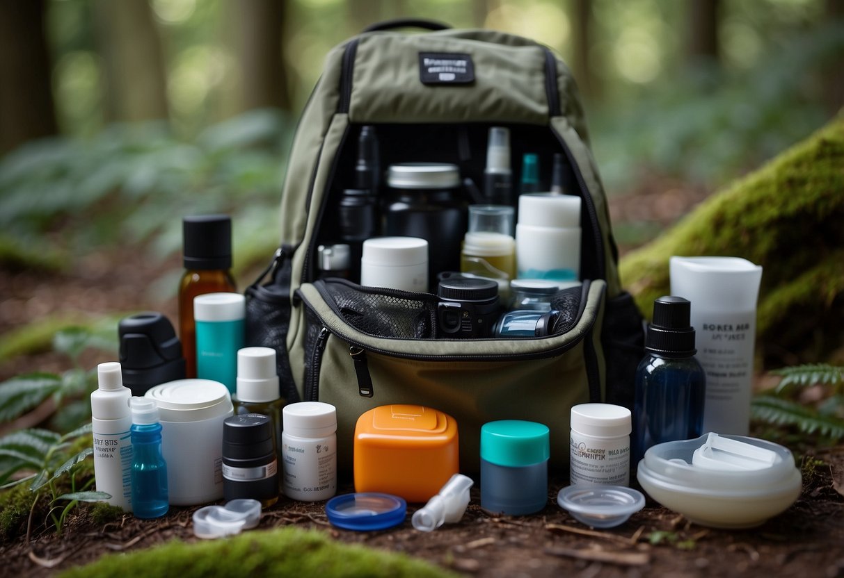 A nature photographer's backpack open, displaying essential first aid items neatly organized on a forest floor