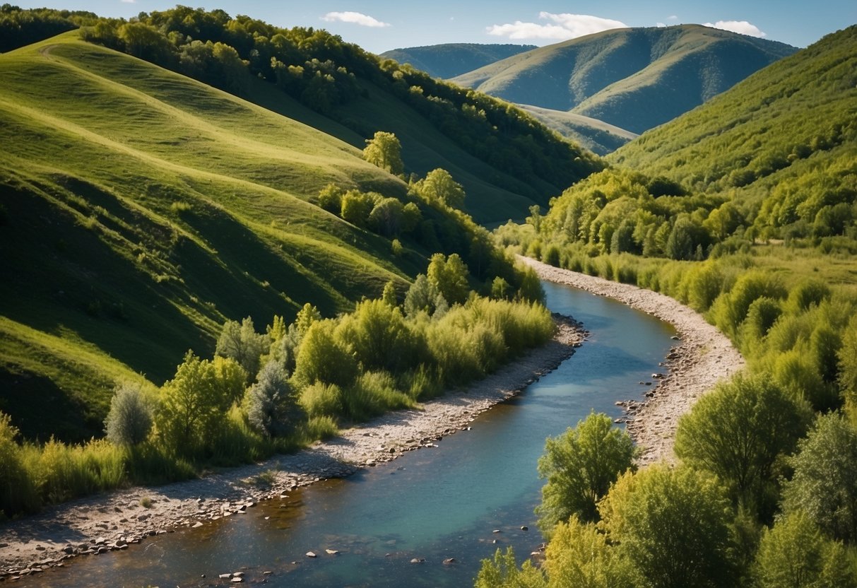 Rolling hills, vibrant green trees, and a winding river under a clear blue sky. A peaceful, serene landscape with soft, natural lighting