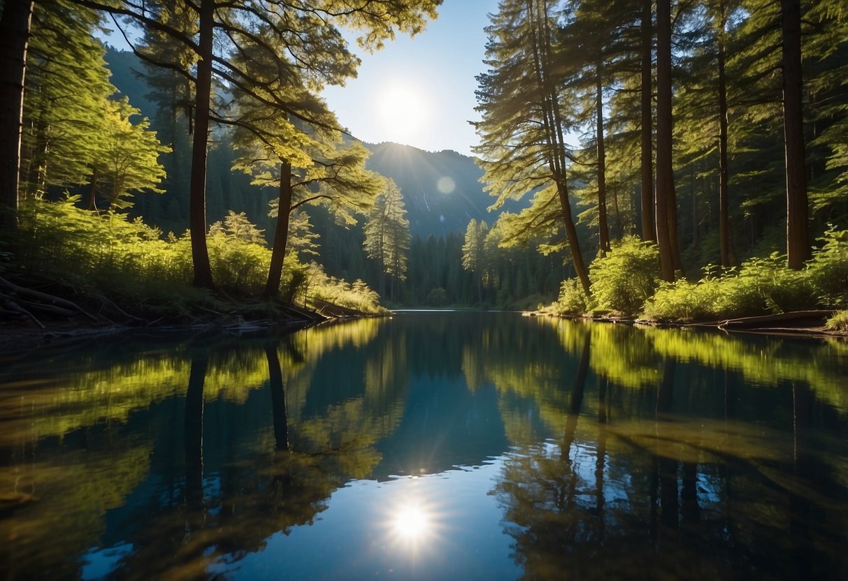 A lush forest with sunlight filtering through the canopy, a tranquil lake reflecting the surrounding mountains, and a clear blue sky overhead. Five different tripods are set up at various angles, capturing the beauty of nature