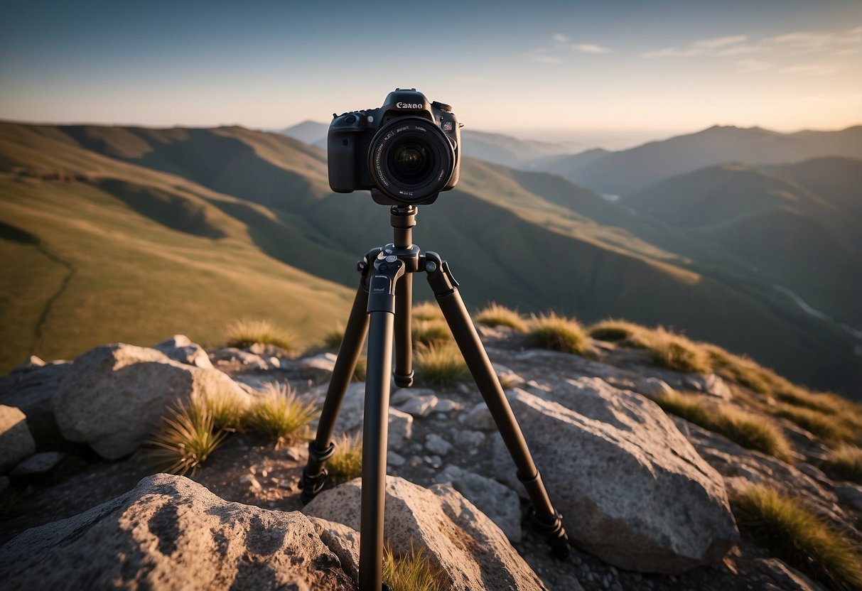 A sturdy tripod stands on uneven terrain, supporting a camera pointed at a majestic landscape. The tripod's stability is crucial for capturing crisp, detailed nature photographs