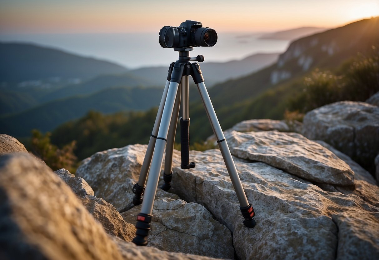 A tripod stands on a rocky cliff, legs extended and locked in place. The camera mount is level and secure, ready for nature photography