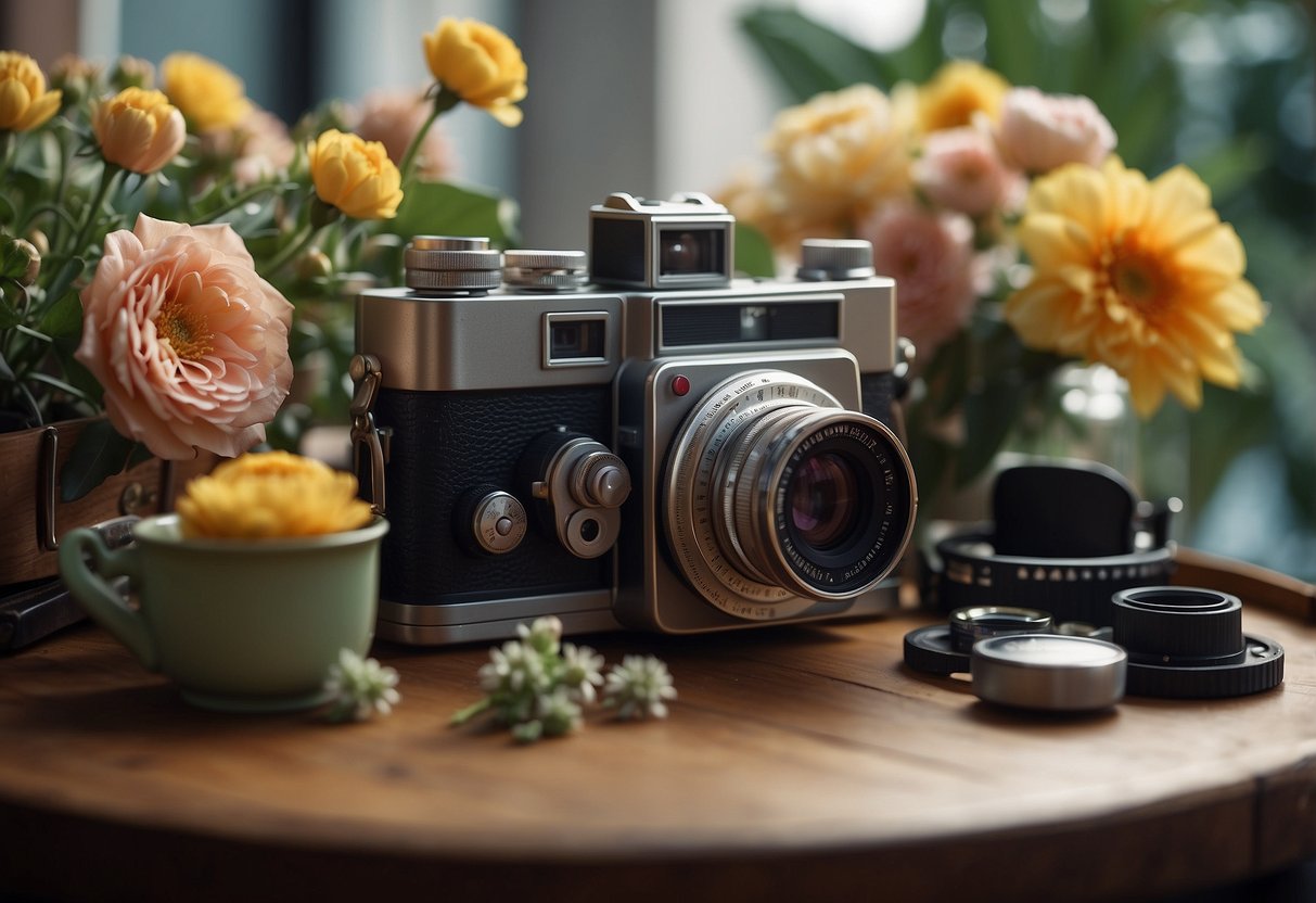 A camera surrounded by various objects, such as flowers, a mirror, and a vintage camera, with different lighting sources and angles