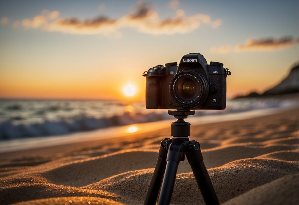 A serene beach at sunset, with golden light casting long shadows. A camera set up on a tripod, capturing the vibrant colors of the sky and the tranquil ocean waves