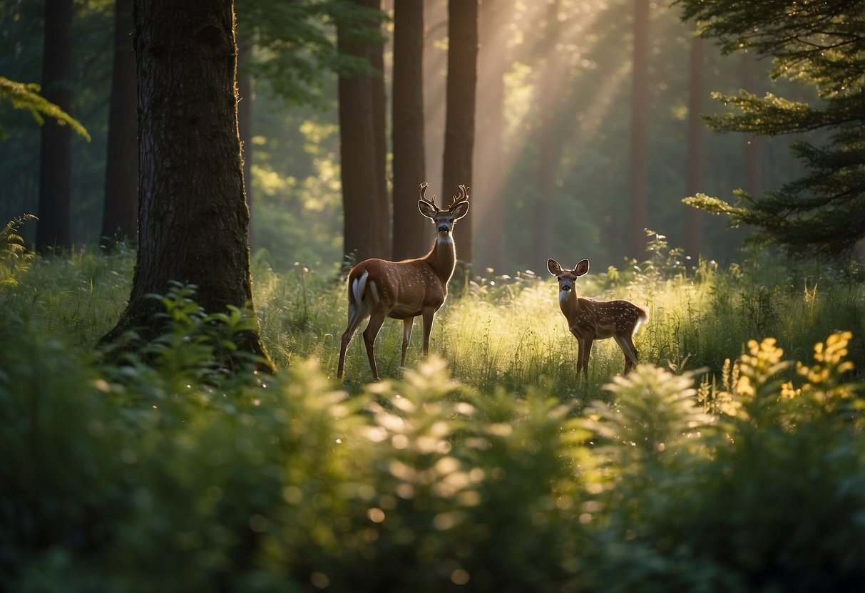 A serene forest clearing with a variety of wildlife, including birds, deer, and small mammals. The animals are peacefully coexisting, surrounded by lush greenery and natural light