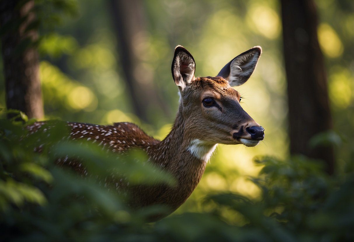 A telephoto lens capturing a deer in a lush forest, with soft sunlight filtering through the trees, creating a serene and natural wildlife scene