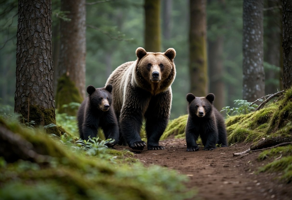 A bear and her cubs roam freely in a lush forest. A respectful photographer observes from a safe distance, capturing their natural beauty