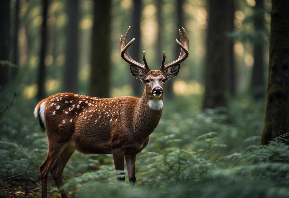 A forest clearing with a hidden photographer capturing a deer in camouflage. Trees and foliage surround the scene, creating a natural and peaceful setting