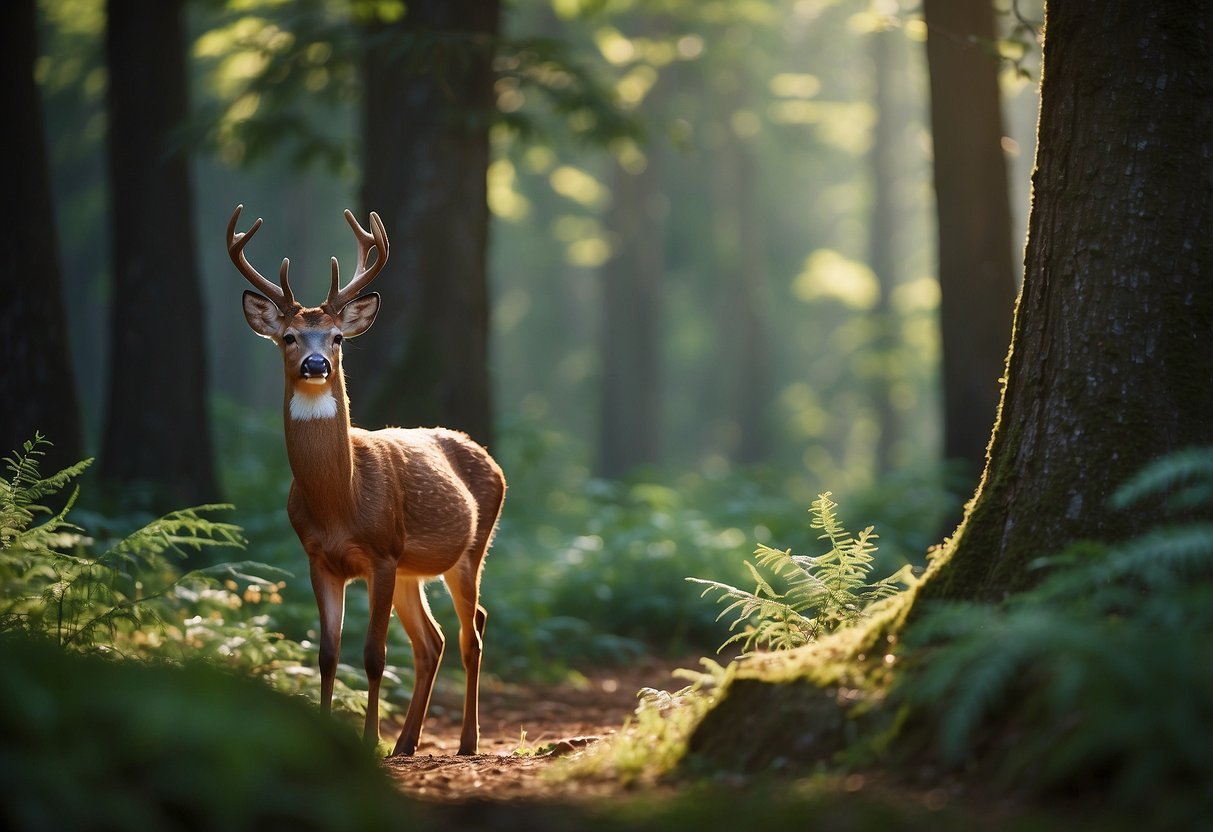 A serene forest clearing with a variety of wildlife, including birds, deer, and small mammals. The animals are undisturbed and going about their natural behaviors, creating a peaceful and harmonious scene