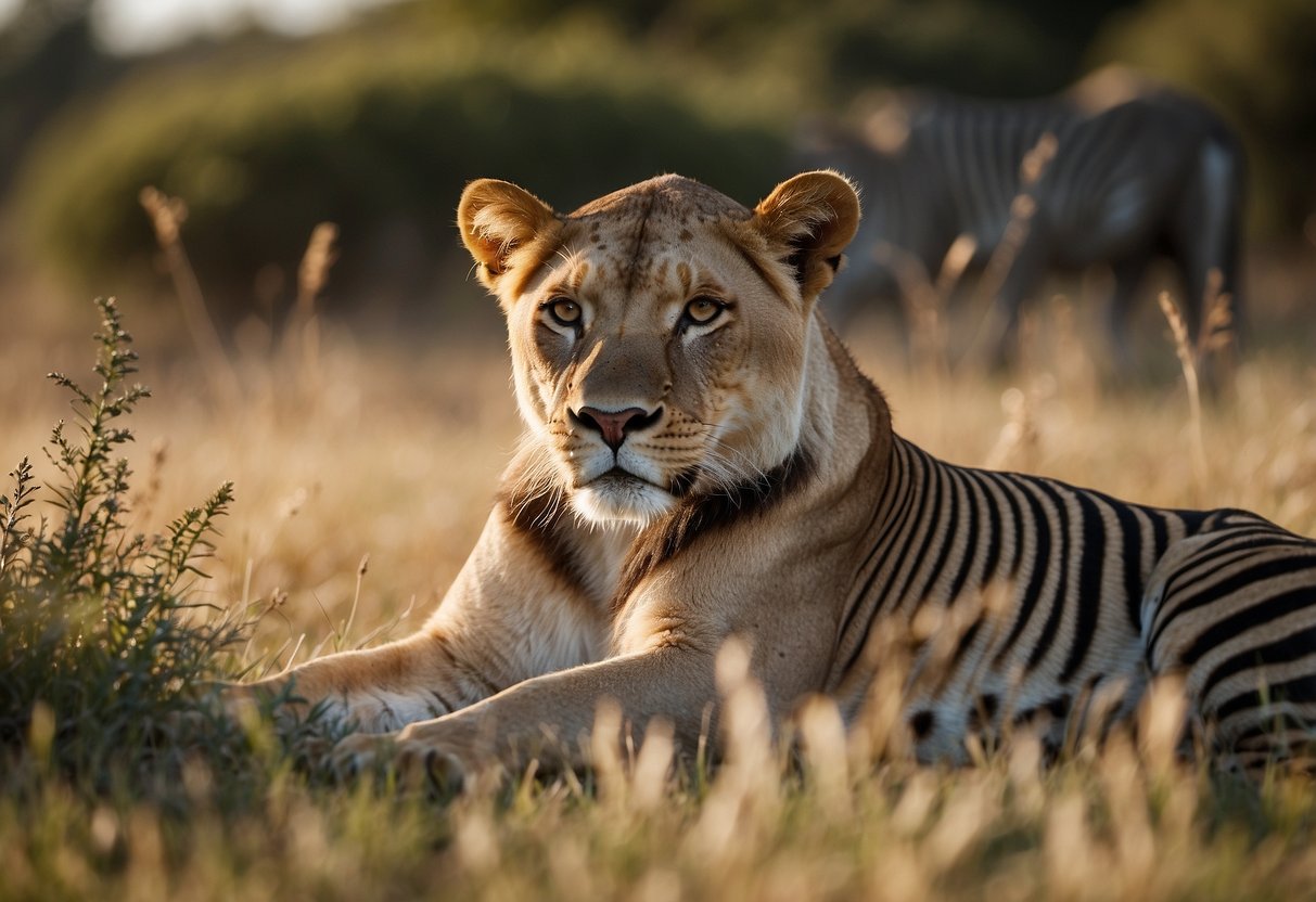 A lioness crouches in the grass, observing her surroundings. A herd of zebras grazes nearby, their heads raised, alert. A flock of birds takes flight in the distance, creating a dynamic and natural scene