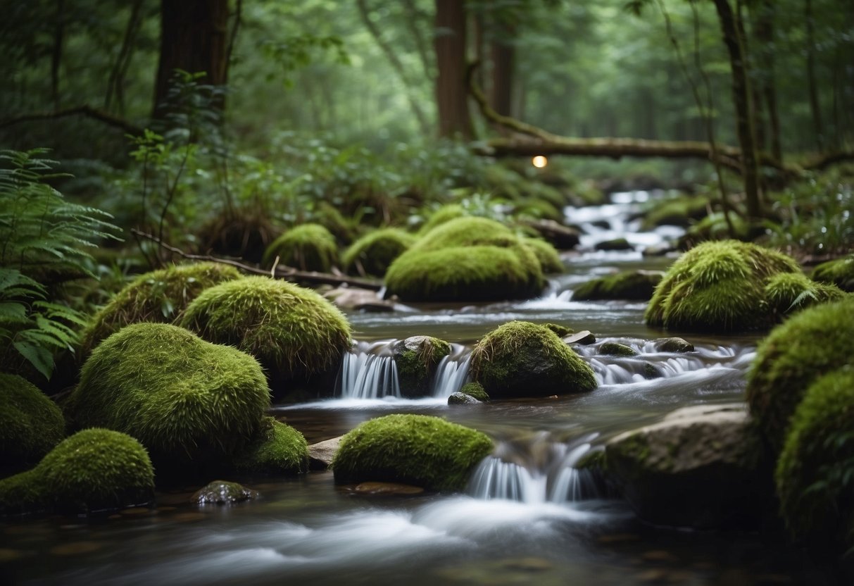 A serene forest clearing with a variety of wildlife peacefully coexisting. A flowing stream and lush vegetation surround the animals, showcasing a harmonious natural environment