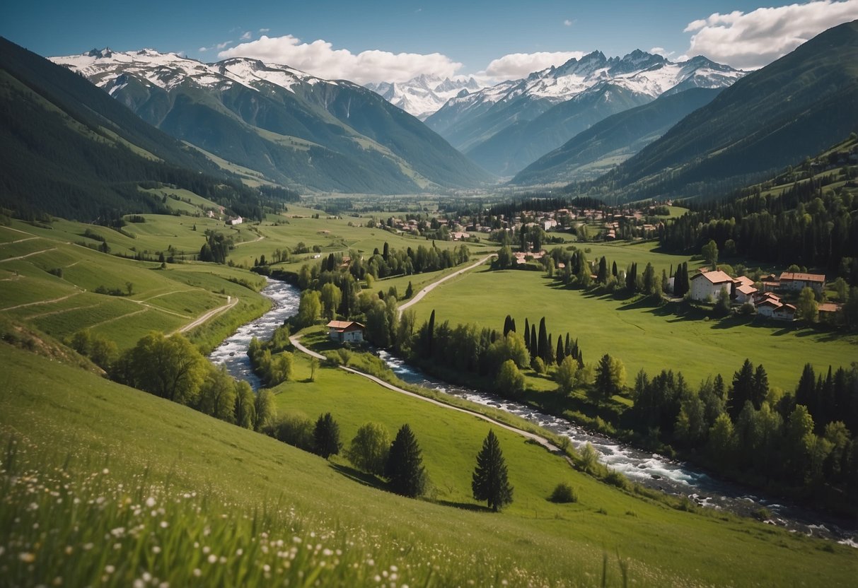 Lush green meadows with snow-capped mountains in the background, a winding river cutting through the landscape, and a charming medieval town nestled in the valley