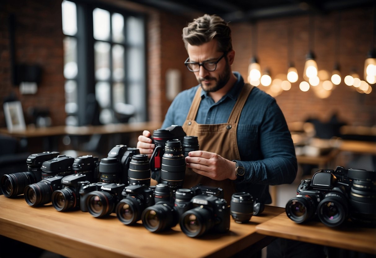 A photographer stands in front of a table, carefully selecting the right camera and gear for their upcoming trip to 5 best photography destinations in Europe