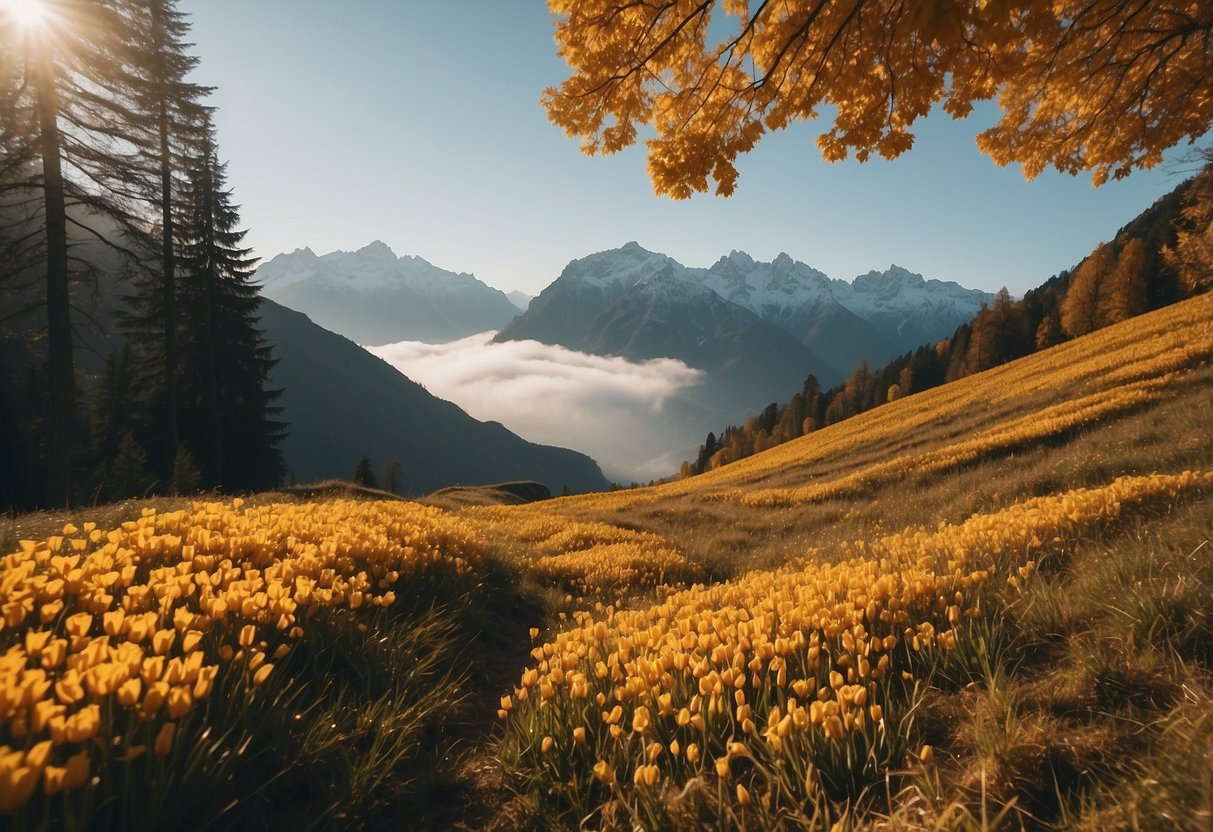 Vibrant fall foliage in the Swiss Alps, misty mornings in the Scottish Highlands, golden sunsets over the Santorini cliffs, blooming tulip fields in the Netherlands, and snow-covered landscapes in the Austrian Alps