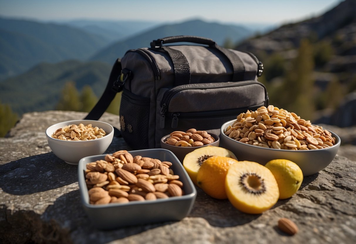 A camera bag open on a rocky ledge with a variety of lightweight snacks spilling out, including nuts, granola bars, and dried fruit