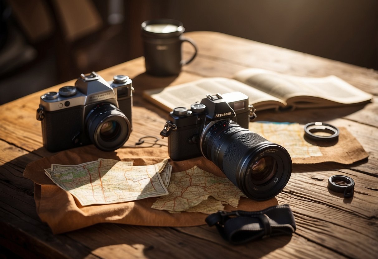 A rustic wooden table with scattered almond energy bars, surrounded by camera gear and a map. Sunlight streams in from a nearby window, casting soft shadows on the scene