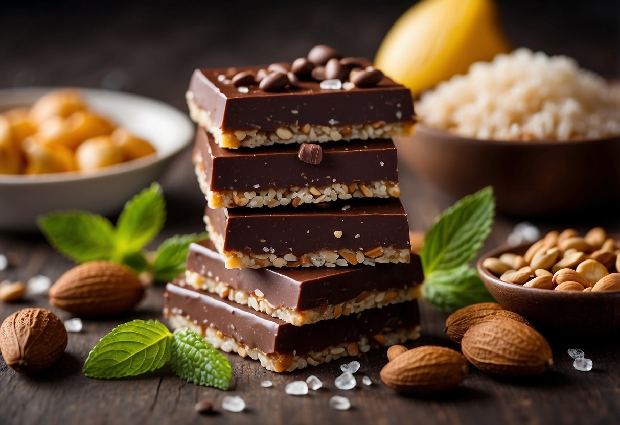 A stack of Kind Dark Chocolate Nuts & Sea Salt bars surrounded by lightweight snacks, ready for a photography trip