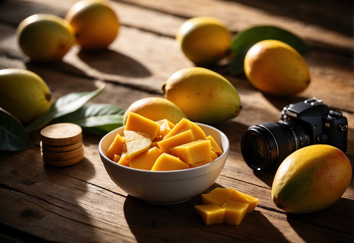 A package of Just Mango Slices sits on a rustic wooden table, surrounded by camera equipment and travel essentials. Sunlight streams in, casting soft shadows on the vibrant yellow fruit