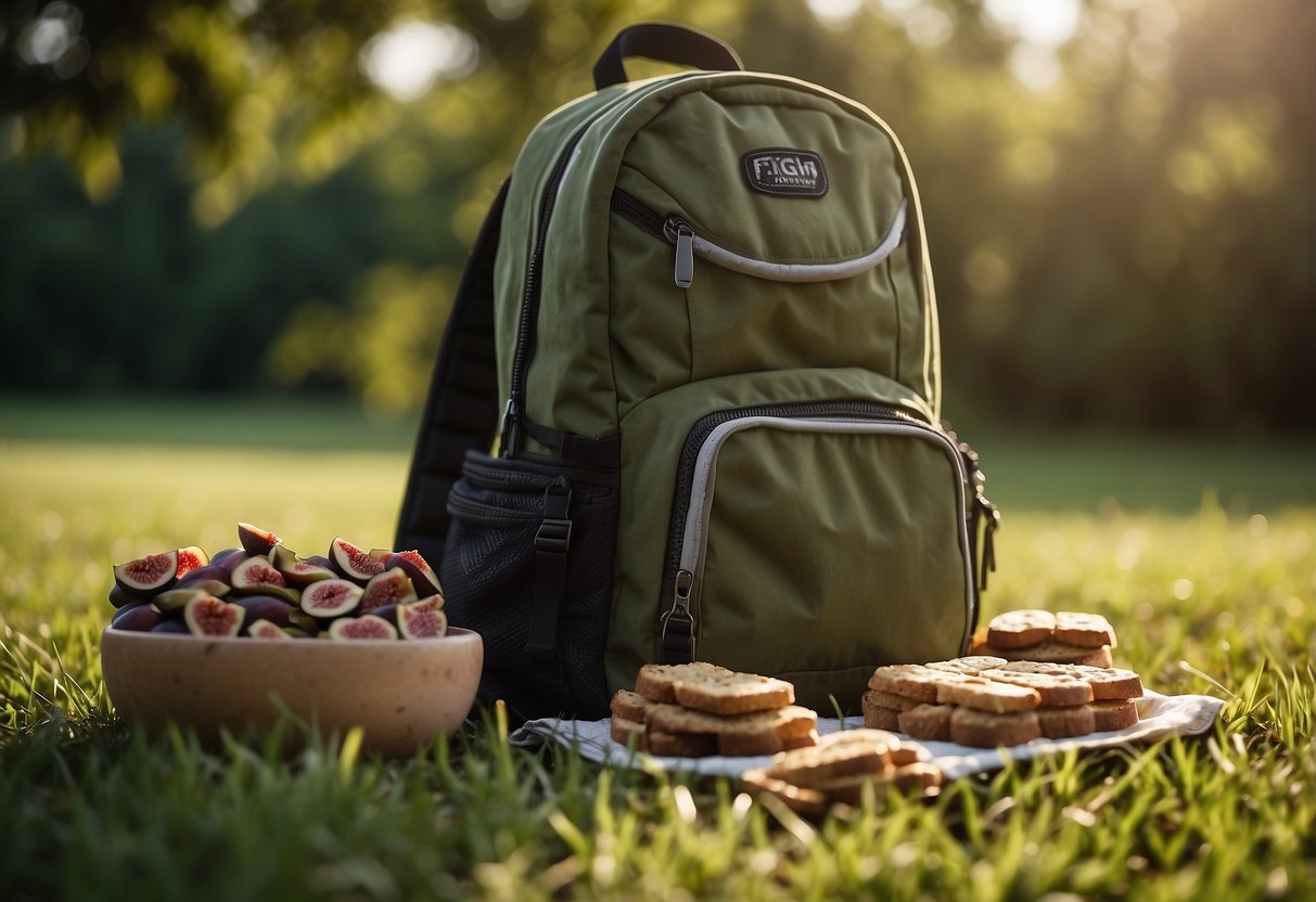 A backpack open on a grassy field, with Nature's Bakery Fig Bars spilling out alongside a camera and lens, surrounded by lush greenery and sunlight