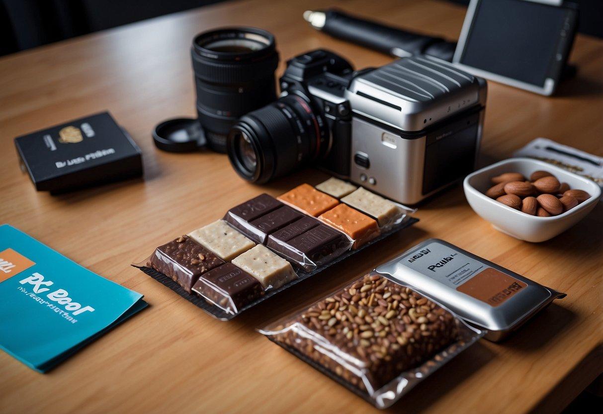 A table with a variety of RXBAR protein bars, camera equipment, and a map laid out for a photography trip