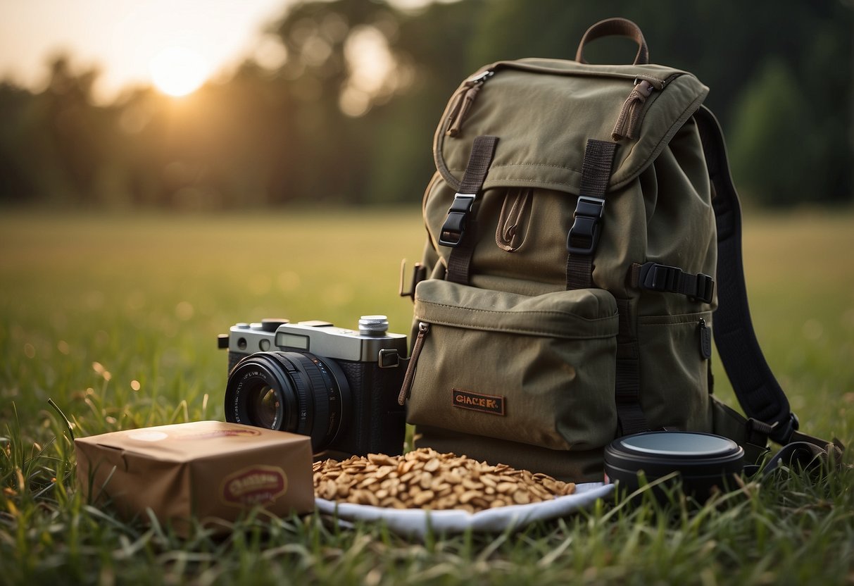 A backpack open on a grassy field, with Quaker Chewy Granola Bars spilling out next to a camera and lens