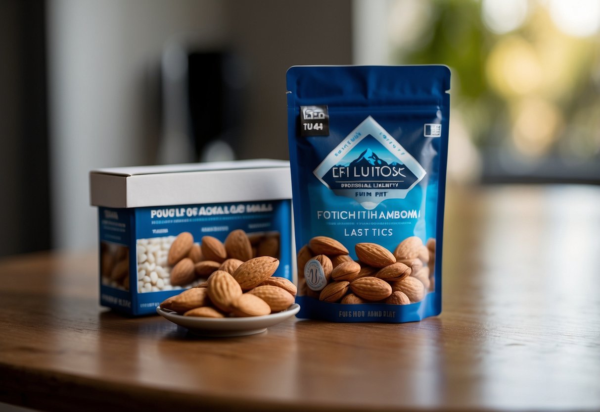 A small, portable pack of Blue Diamond Almonds sits on a table next to a camera and lens. The packaging prominently displays "100 Calorie Packs" and "Lightweight Snacks for Photography Trips."